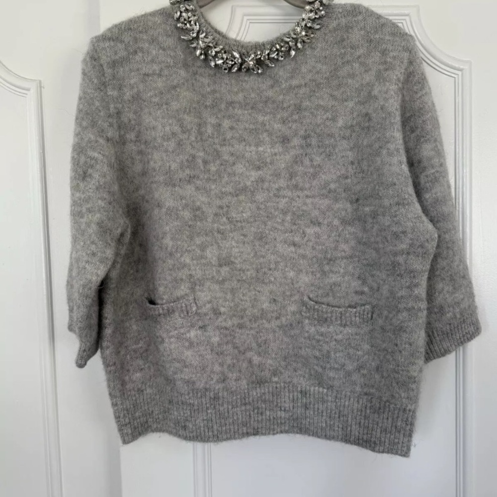 Zara Heather Gray Fuzzy Crewneck Sweater with Front Pockets